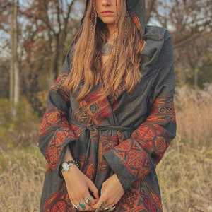Hooded Geometric Cape Coat •  Boho Unisex Shamanic Cloak • Warm Blanket Shawl • Poncho scarf for Women • Long Festival Earthy Juniper Jacket