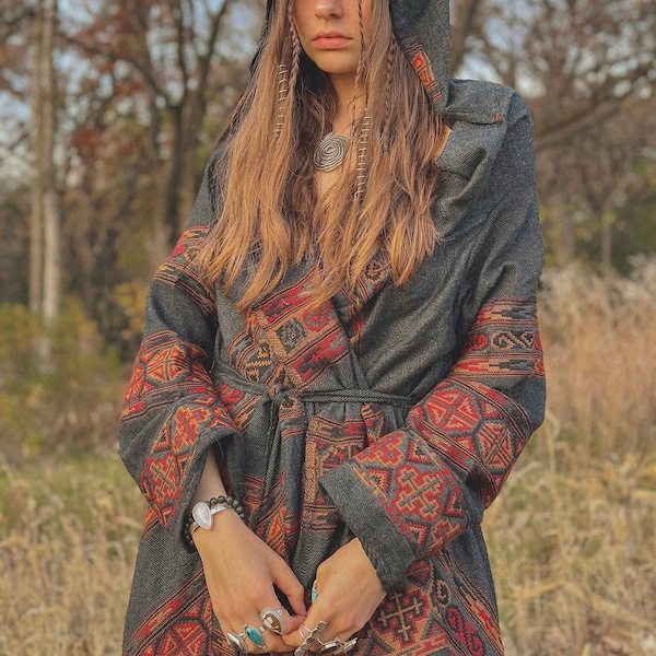 Hooded Geometric Cape Coat •  Boho Unisex Shamanic Cloak • Warm Blanket Shawl Scarf • Poncho Shawl for Women • Long Festival Earthy Jacket