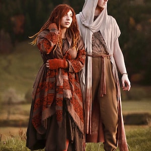 Hooded Geometric Cape Coat •  Boho Unisex Shamanic Cloak • Warm Blanket Shawl • Poncho scarf for Women • Long Festival Earthy Juniper Jacket