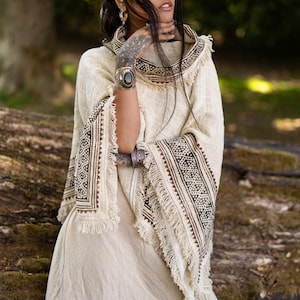 Cowl Neck Poncho • Raw Cotton Block Print Tribal Top • Oversized Shawl • Festival Cover Up • Earthy Natural Wear • Calluna