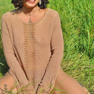 Blusa de algodão natural com estampa em bloco • Blusa tribal de manga comprida Devi • Blusa feminina de verão • Roupa natural rústica • Roupa de linho para festivais • Calluna