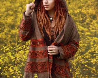Hooded Geometric Cape Coat •  Boho Unisex Shamanic Cloak • Warm Blanket Shawl • Poncho scarf for Women • Long Festival Earthy Juniper Jacket