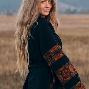 Hooded Geometric Cape Coat • Boho Unisex Shamanic Cloak • Warm Blanket Shawl • Poncho Scarf for Women • Long Festival Earthy Juniper Jacket Black