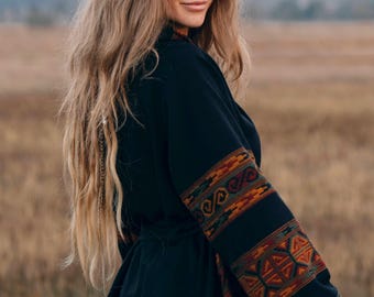 Hooded Geometric Cape Coat •  Boho Unisex Shamanic Cloak • Warm Blanket Shawl • Poncho Scarf for Women • Long Festival Earthy Juniper Jacket