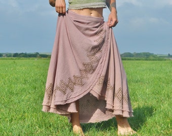 Raw Cotton Block Print Maxi Wrap Skirt • Natural Earthy Clothing • Rose Maxi Skirt Women • Long Boho Festival Shakti Skirt • Calluna