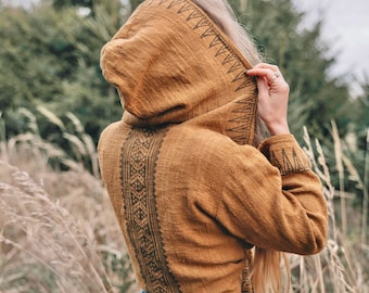 Raw Cotton Block Print Wrap Top • Hooded Bell Sleeve Wrap Crop • Festival Flared Hood Top • Earthy Natural Tribal Wear • Calluna Clothing