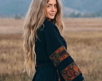 Hooded Geometric Cape Coat •  Boho Unisex Shamanic Cloak • Warm Blanket Shawl • Poncho Scarf for Women • Long Festival Earthy Juniper Jacket