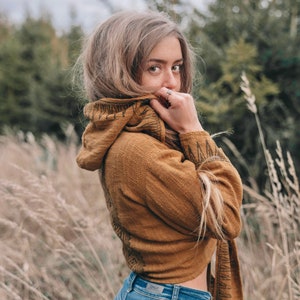Raw Cotton Wrap Top • Block Print Hooded Bell Sleeve Akashic Wrap Crop • Festival Flared Hood Top • Earthy Natural Tribal Wear • Calluna