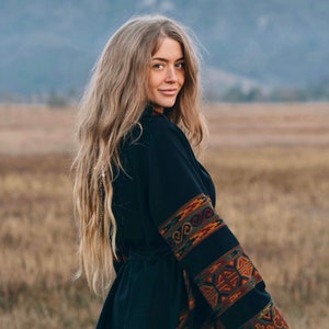 Hooded Geometric Cape Coat •  Boho Unisex Shamanic Cloak • Warm Blanket Shawl • Poncho Scarf for Women • Long Festival Earthy Juniper Jacket