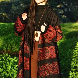 Hooded Geometric Cape Coat •  Boho Unisex Shamanic Cloak • Warm Blanket Shawl • Poncho scarf for Women • Long Festival Earthy Juniper Jacket