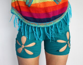 Teal Booty Shorts • Flower Braided Hot Pants • Festival Hoop Shorts for Women • Yoga Fold Over Performance Dance Costume • Calluna Clothing