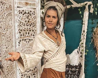 Wikkeltop van ruw katoen met blokprint • Akasha-omslagjurk met klokmouwen en capuchon • Uitlopende capuchonfestival • Aardse, natuurlijke tribale kleding • Calluna