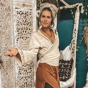 Raw Cotton Block Print Wrap Top • Hooded Bell Sleeve Akashic Wrap Crop • Festival Flared Hood Top • Earthy Natural Tribal Wear • Calluna