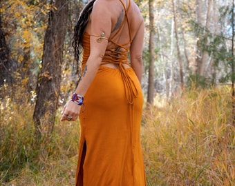 Lace Up Corset Back Maxi Dress • Side Split Long Dress • Boho Maxi Marina Dress Women • Goddess Dance Wear • Backless Dress • Calluna