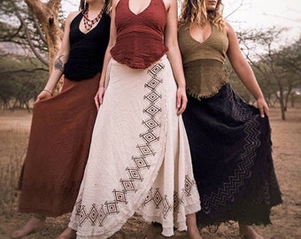 Cotton Maxi Wrap Skirt • Natural Earthy Clothing • Raw Cotton Block Print White Maxi Skirt Women • Long Boho Festival Shakti Skirt • Calluna