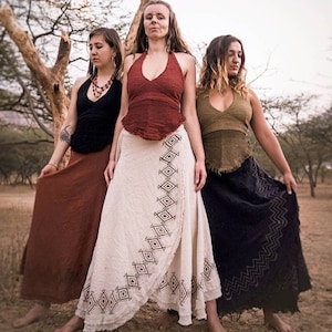 Cotton Maxi Wrap Skirt • Natural Earthy Clothing • Raw Cotton Block Print White Maxi Skirt Women • Long Boho Festival Shakti Skirt • Calluna