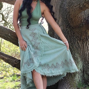 Cotton Maxi Wrap Skirt • Natural Earthy Clothing • Raw Cotton Block Print Mint Maxi Skirt Women • Long Boho Festival Shakti Skirt • Calluna