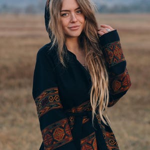 Hooded Geometric Cape Coat • Boho Unisex Shamanic Cloak • Warm Blanket Shawl • Poncho Scarf for Women • Long Festival Earthy Juniper Jacket image 5