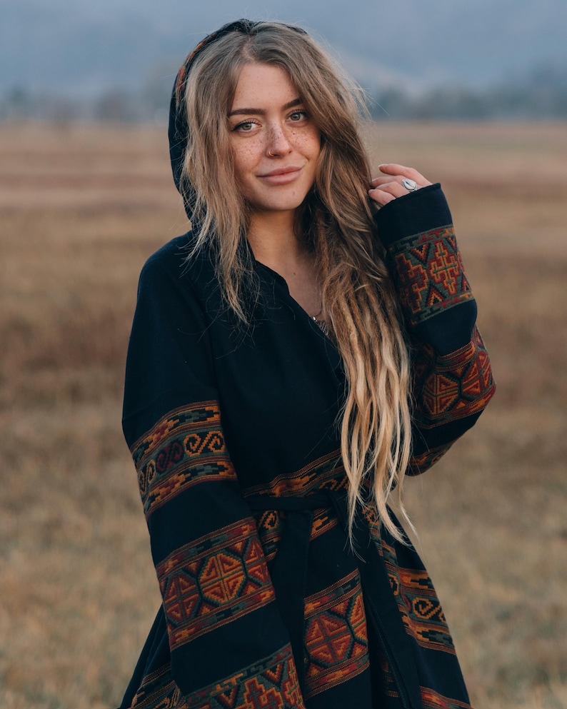 Hooded Geometric Cape Coat • Boho Unisex Shamanic Cloak • Warm Blanket Shawl • Poncho Scarf for Women • Long Festival Earthy Juniper Jacket image 5