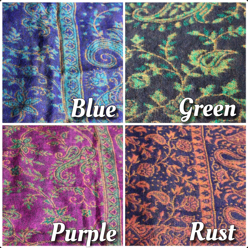 K&ouml;nnte beinhalten: Vier Stoffmuster in verschiedenen Farben und Mustern. Die Muster sind blau mit einem goldenen Paisley-Muster, gr&uuml;n mit einem goldenen Paisley-Muster, lila mit einem goldenen Paisley-Muster und rostfarben mit einem goldenen Paisley-Muster.