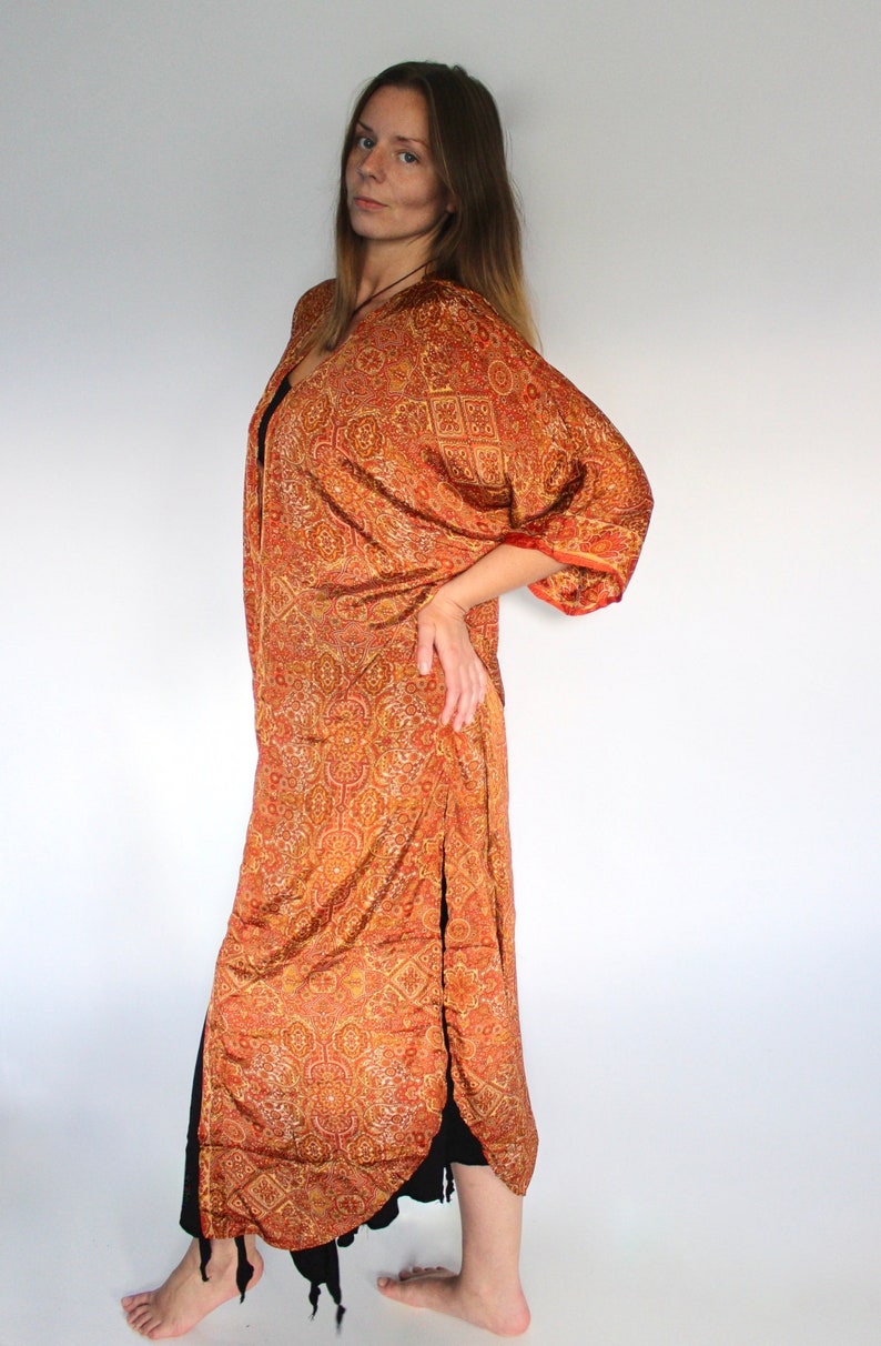 Burnt Orange Silk Flared Sleeve Kimono 70s Festival Kaftan Etsy