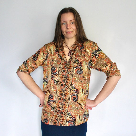 Orange Paisley Silk Shirt UNISEX • Retro Psychedelic Print Long
