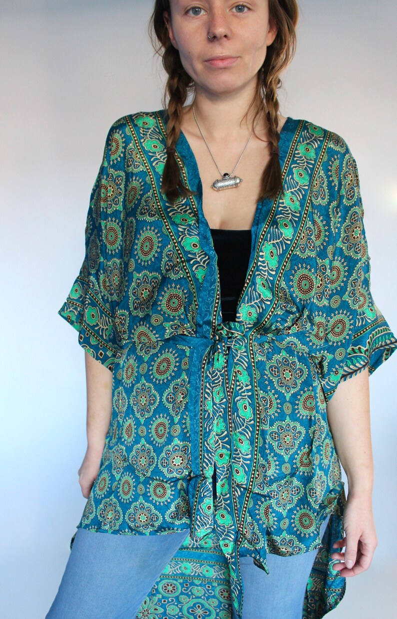 Silk Kimono Geometric Teal Short Wrap Dress \u2022 70s Festival Kaftan Tunic Sari Jacket \u2022 Bridesmaid Silk Robe \u2022 Beach Cover Up \u2022 Boho Duster