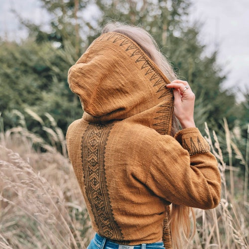 Raw Cotton Block Print Wrap Top • Hooded Bell Sleeve Akashic Wrap Crop • Festival Flared Hood Top • Earthy Natural Tribal Wear • Calluna