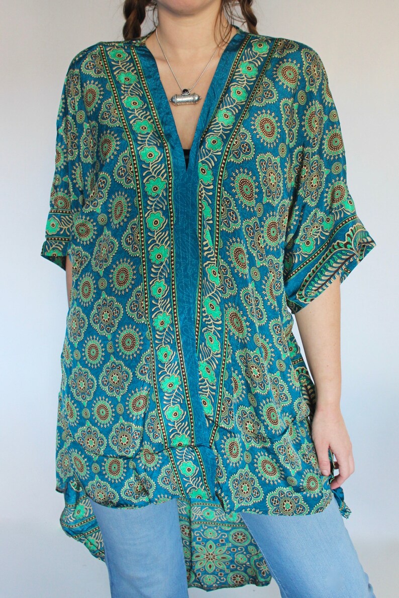 Silk Kimono Geometric Teal Short Wrap Dress \u2022 70s Festival Kaftan Tunic Sari Jacket \u2022 Bridesmaid Silk Robe \u2022 Beach Cover Up \u2022 Boho Duster