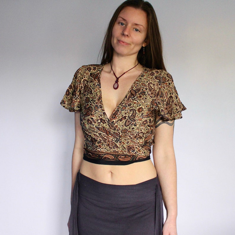 Brown Paisley Silk Tie Up Wrap Top  Psychedelic Paisley Print image 3