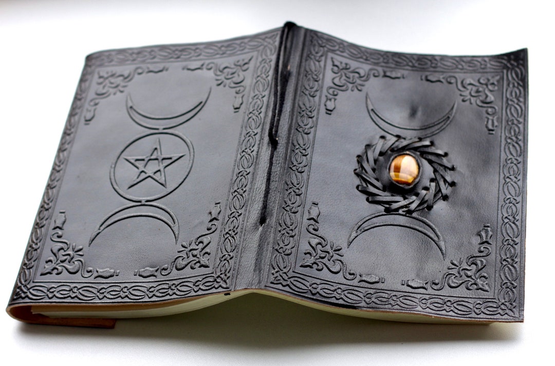 Black Triple Moon Crystal Leather Journal • Blank Witches Spell Book of ...