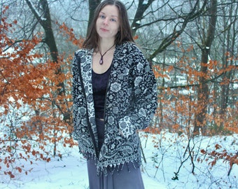 Boho Paisley Hooded Cape • Vegan Wool Tassel Trim Festival Coat