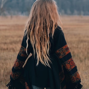 Hooded Geometric Cape Coat • Boho Unisex Shamanic Cloak • Warm Blanket Shawl • Poncho Scarf for Women • Long Festival Earthy Juniper Jacket image 2