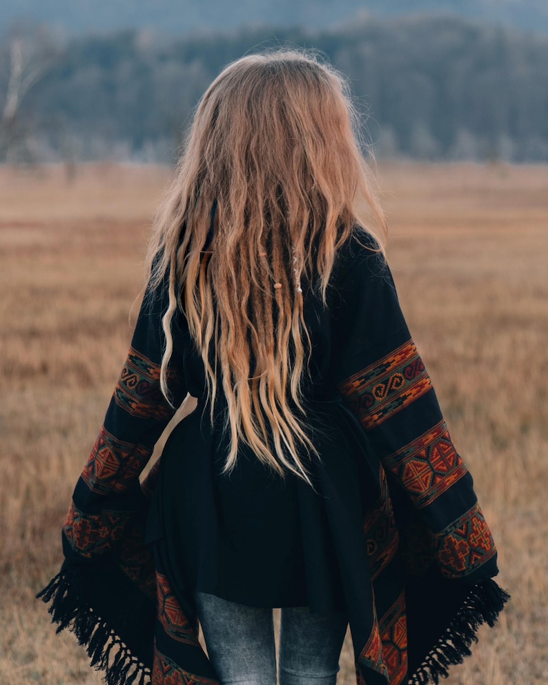 Hooded Geometric Cape Coat • Boho Unisex Shamanic Cloak • Warm Blanket Shawl • Poncho Scarf for Women • Long Festival Earthy Juniper Jacket image 2