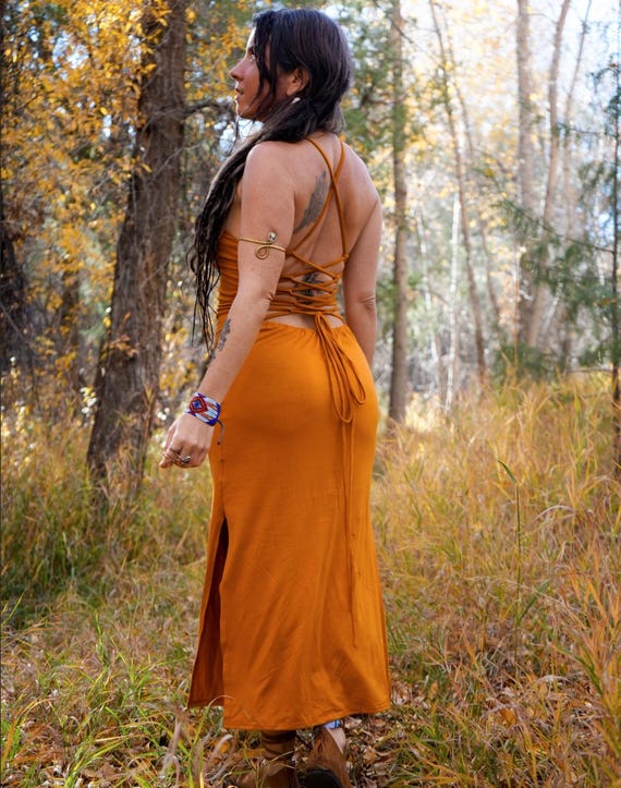 backless dress with split Lace up Corset Back Maxi • Side Long Dress • Boho Maxi Marina Dress Women • Goddess Dance Wear • Dress • Calluna Color:Off White open back cut for bridal dresses Significant Other Darcy Backless