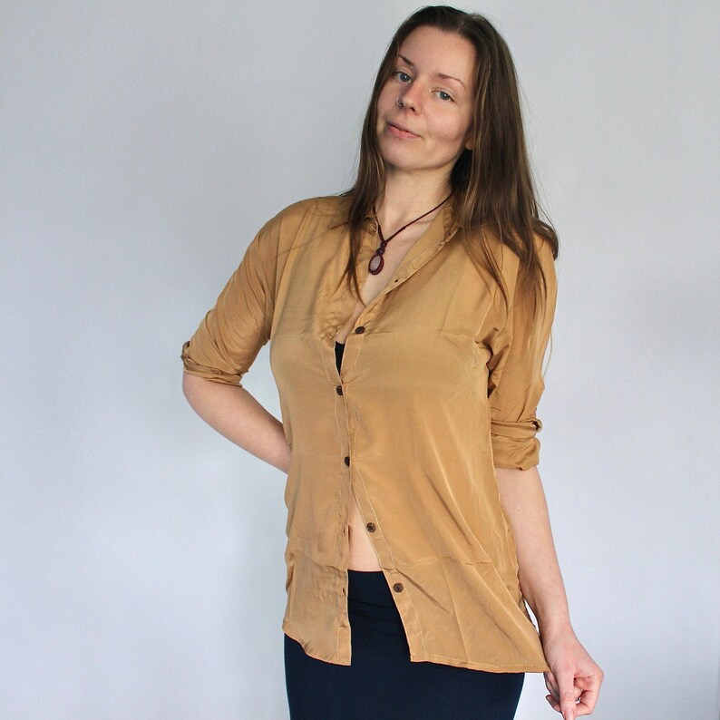 Gold Unisex Silk Shirt • Retro Floral Print Long Sleeve Shirt • Boho Flared Festival 60s 70s Clothing Tie Up Silk Crop Top • Calluna image 4