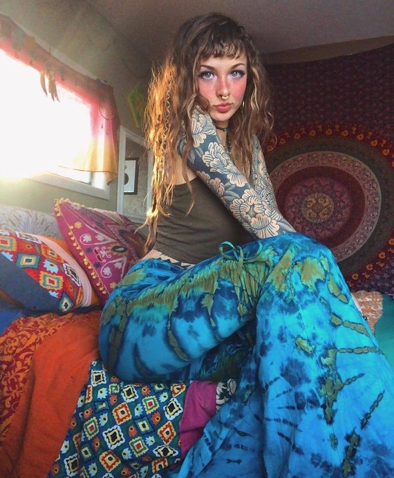 Cotton Tie Dye Bell Bottoms Blue Wide Flare Trousers Hot Leggings