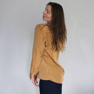 Gold Unisex Silk Shirt • Retro Floral Print Long Sleeve Shirt • Boho Flared Festival 60s 70s Clothing Tie Up Silk Crop Top • Calluna image 6