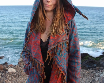 Hooded Festival Blanket Cloak • Enchantment Cloak • Unisex Paisley Cape Coat • Warm Winter Poncho • Vegan Wool Scarf • Long Boho Shawl