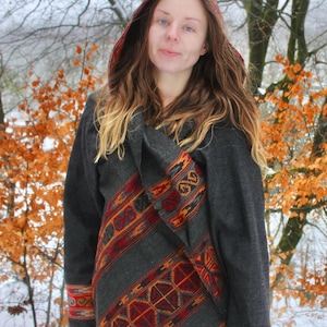 Hooded Geometric Cape Coat • Boho Unisex Shamanic Cloak • Warm Blanket Shawl • Poncho Scarf for Women • Long Festival Earthy Juniper Jacket image 10