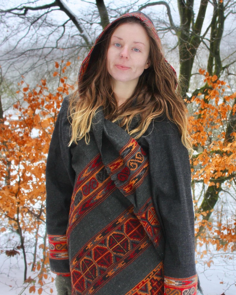 Hooded Geometric Cape Coat • Boho Unisex Shamanic Cloak • Warm Blanket Shawl • Poncho Scarf for Women • Long Festival Earthy Juniper Jacket image 10