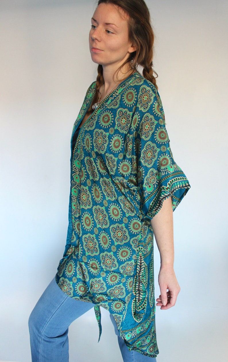 Silk Kimono Geometric Teal Short Wrap Dress \u2022 70s Festival Kaftan Tunic Sari Jacket \u2022 Bridesmaid Silk Robe \u2022 Beach Cover Up \u2022 Boho Duster