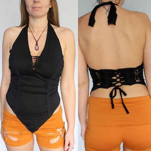 Black Braided Halter Lakshmi Top • Lace Cotton Sexy Backless Crop Women • Slit Weave Braided Pixie Top • Calluna