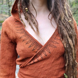 Raw Cotton Block Print Wrap Top Hooded Bell Sleeve Wrap Crop Festival Flared Hood Top Earthy Natural Tribal Wear Calluna Clothing Rust