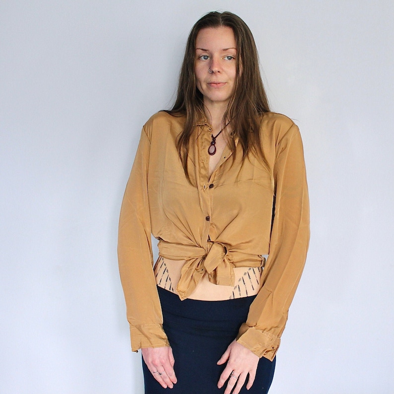 Gold Unisex Silk Shirt • Retro Floral Print Long Sleeve Shirt • Boho Flared Festival 60s 70s Clothing Tie Up Silk Crop Top • Calluna image 3