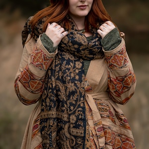 Hooded Geometric Cape Coat • Boho Unisex Shamanic Cloak • Warm Blanket Shawl • Poncho Scarf for Women • Long Festival Earthy Juniper Jacket Sand