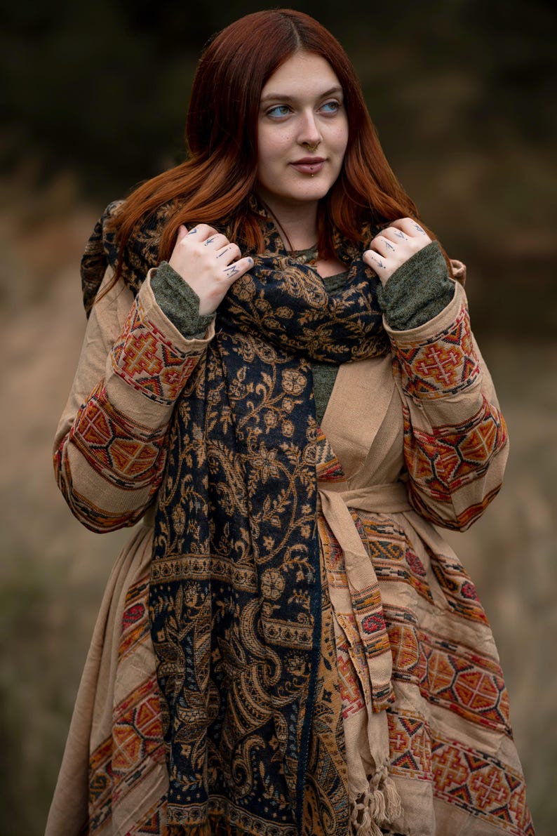 Hooded Geometric Cape Coat • Boho Unisex Shamanic Cloak • Warm Blanket Shawl • Poncho Scarf for Women • Long Festival Earthy Juniper Jacket Sand