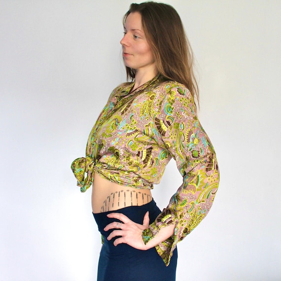 Psychedelic Unisex Silk Shirt • Retro Psychedelic Print Long Sleeve Shirt Boho Top • Festival 60s 70s Clothing • Tie Up Silk Crop Top