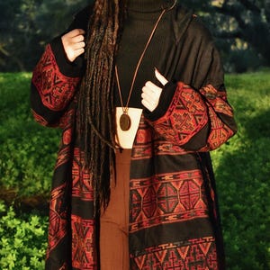 Hooded Geometric Cape Coat • Boho Unisex Shamanic Cloak • Warm Blanket Shawl • Poncho Scarf for Women • Long Festival Earthy Juniper Jacket image 9