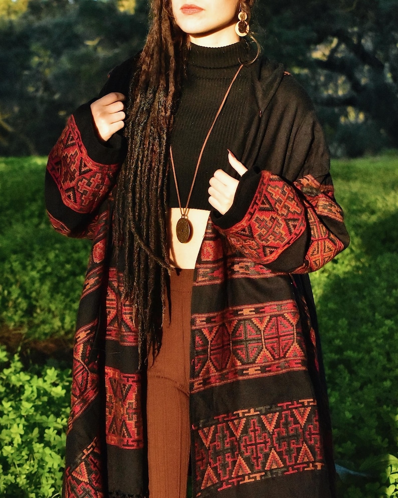 Hooded Geometric Cape Coat • Boho Unisex Shamanic Cloak • Warm Blanket Shawl • Poncho Scarf for Women • Long Festival Earthy Juniper Jacket image 9